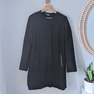 VINCE Black Cotton Mid-Length Coat with Leather Trim, Size S